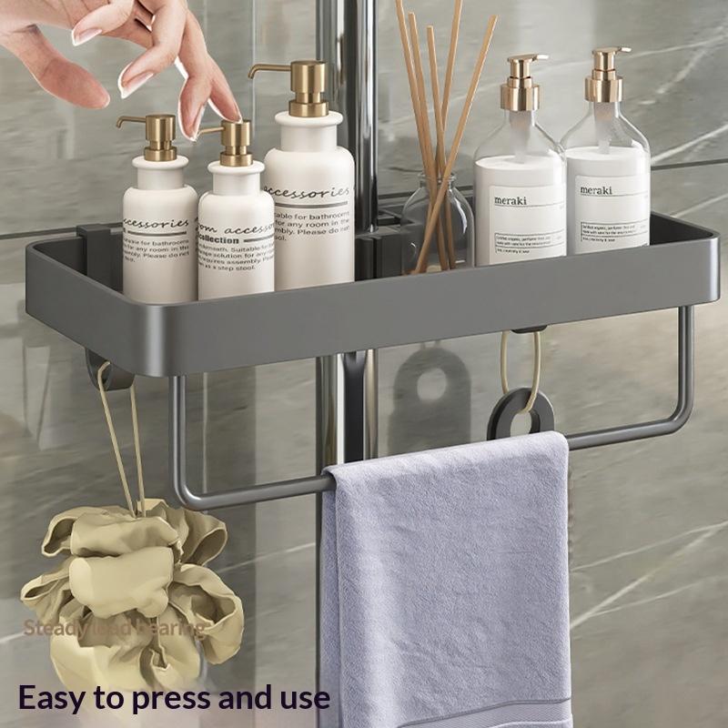 Punch-Free Shower Caddy With Towel Rod Bathroom Shelf Shampoo Soap Holder Shower Tray For Toilet Bathroom Organizer
