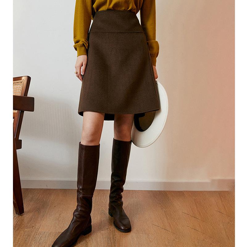 Spring Summer OL Retro Patchwork Woolen Skirt - Solid Brown, Hong Kong Style, Professional Japanese Design