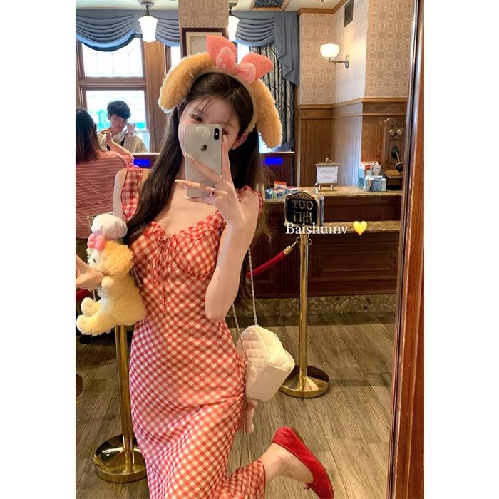 

[Original practice + inner lining] Sweet French red plaid suspender dress for children s vacation wind fish tail long S