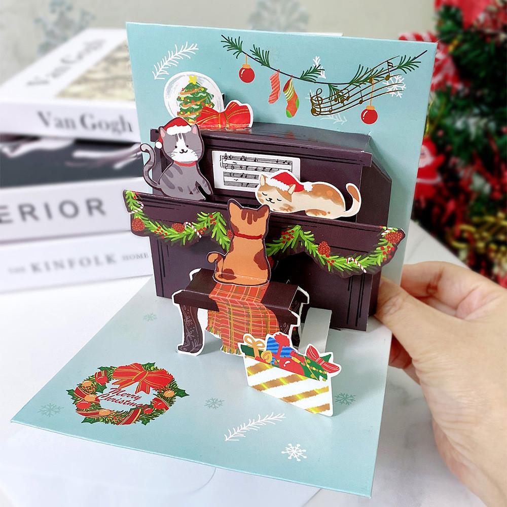 Christmas 3d Cat Piano Greeting Card With Handwritten Message For Women Gift