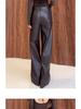 Pantalones de Pierna Ancha de Cuero Marrón para Mujer Petite – Nuevo Estilo Primavera/Otoño, Ajuste Casual Recto