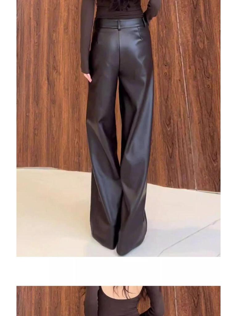 Pantalones de Pierna Ancha de Cuero Marrón para Mujer Petite – Nuevo Estilo Primavera/Otoño, Ajuste Casual Recto