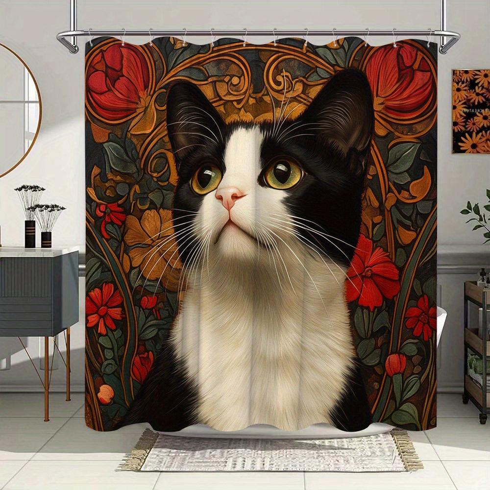 

1 шт. Элегантная черно-белая шторка для душа с изображением кошки и зелеными глазами - Винтажный цветочный дизайн рамки, полиэстеровая ткань, 12 крючков 90x180cm