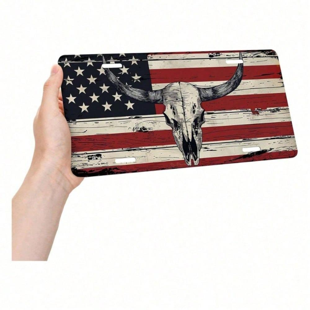 American Flag Longhorn Cow Skull License Plate, 5.9x11.8 Decorative Aluminum Car Tag, Patriotic Front Plate