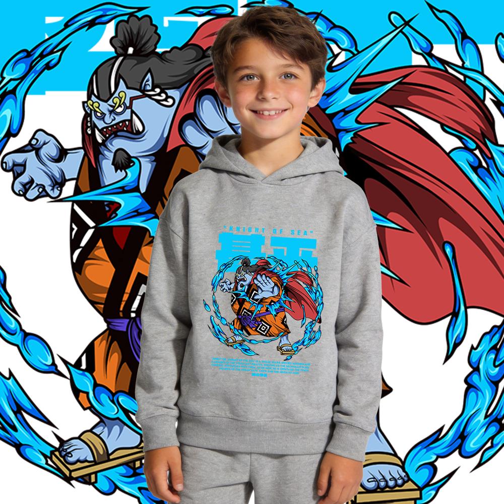 One Piece Jinbe Anime Print Boys Girls Kids Fleece Pullover Hoodie Autumn Winter Warm Casual Hooded Sweatshirt