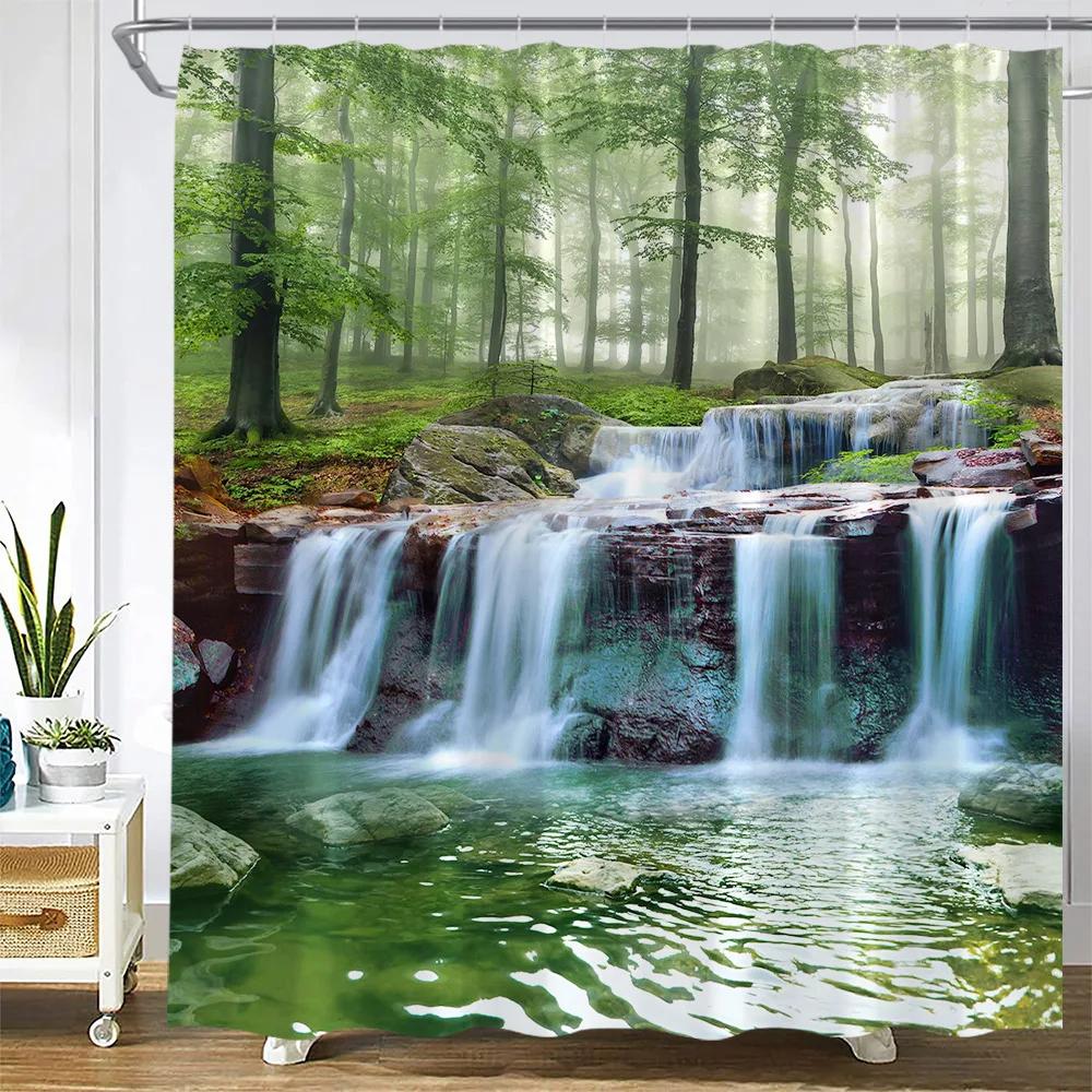 Scenic Forest Waterfall Shower Curtain Tropical Jungle Plants Trees Lake Nature Landscape Wall Hanging Bathroom Decor Curtains