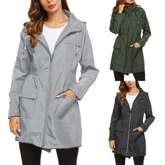 Outdoor Windproof Waterproof Lightweight Hooded Women Long Rain Coat Jacket