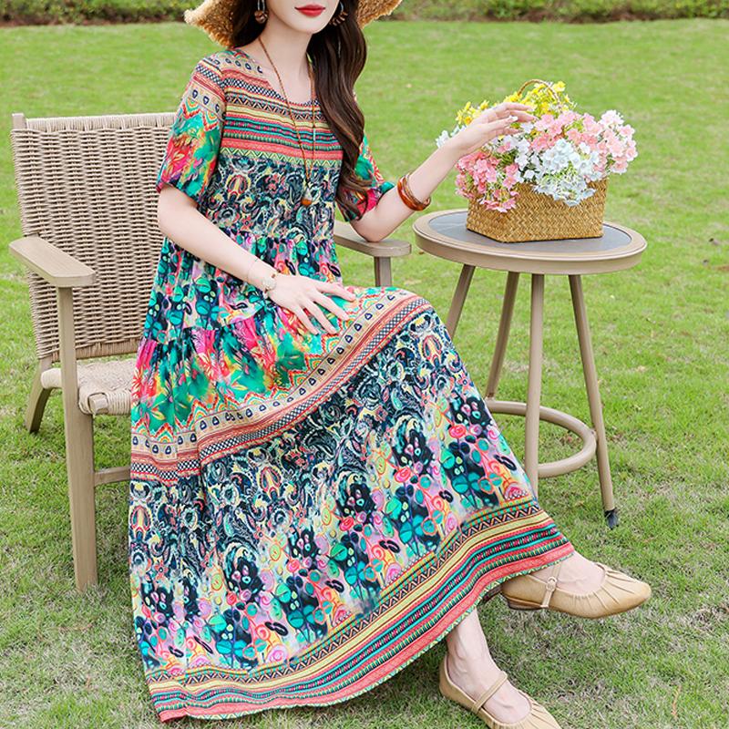 Elegant Women's Summer Dress Loose Short Sleeve Plus Size Casual Long Dresses Vintage Clothes