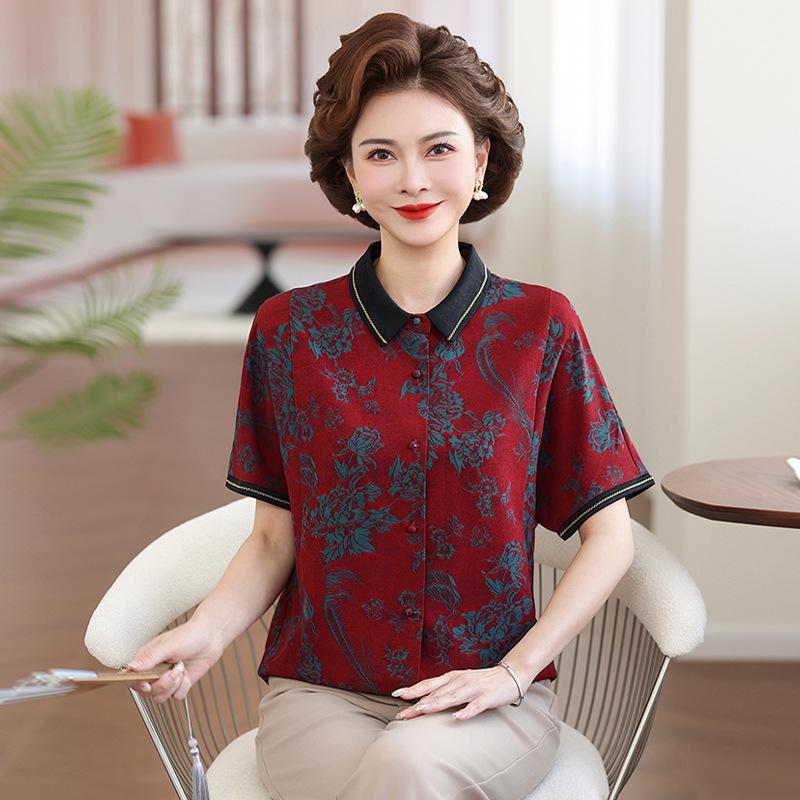 Elegant Summer Short-Sleeve Shirt for Grandmothers - 2026 New Chinese Style, Loose Fit, Plus Size Top for Middle-Aged and Elderly Women