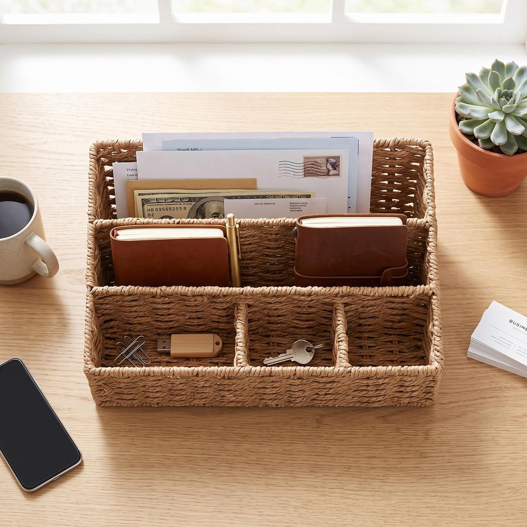 2pcs Woven Mail Desk File Holder Paper Rope Iron Frame Natural Tabletop Modern Storage for Letters Magazine Stationery Small It