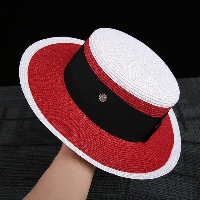 Women's summer beach straw hat beach shade sun protection color blocked flat top sun hat British versatile top hat