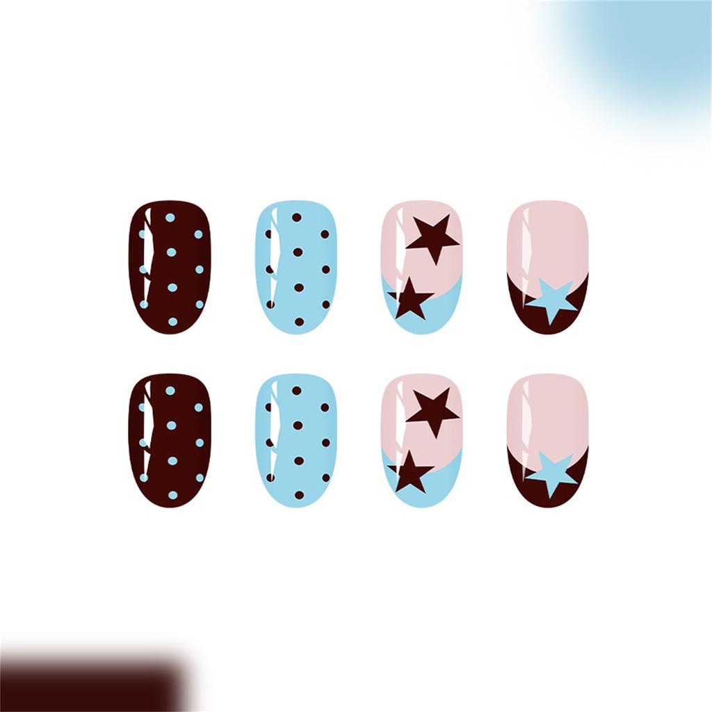 24PCS Blue Brown False Nails Star Polka Dot Press On Nails False Nails Press On Nails Women Daily Wear Wearable False Nails