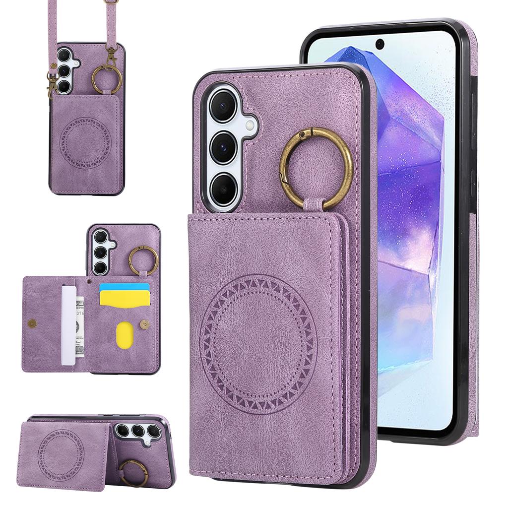 Custodia a Tracolla con Porta Carte e Anello in Pelle per Samsung Galaxy S25 Ultra S24 Plus S23 S22 A16 A26 A36 A56 5G Magnetica