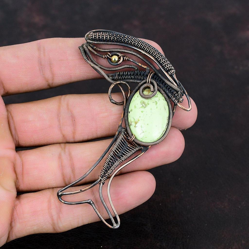 Lemon Chrysoprase Pendant Copper Wire Wrapped Pendant Very Pretty Fish Pendant Gemstone Jewelry Handmade Pendant Copper Jewelry Gift For Him