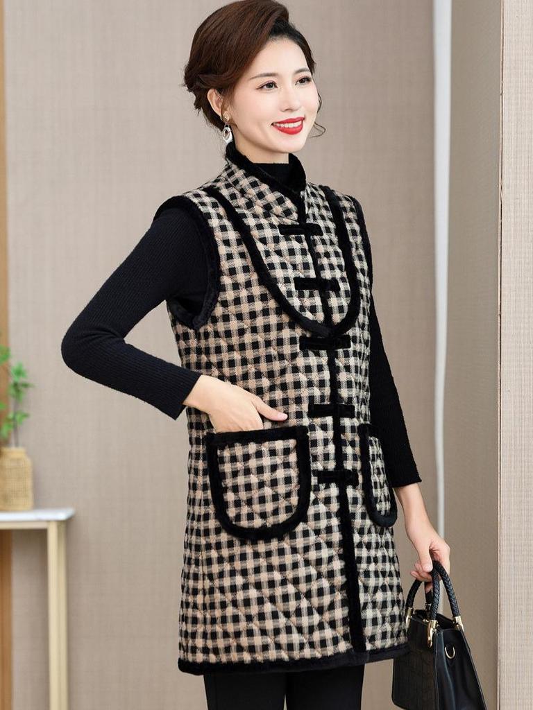 Ethnic-Style Autumn/Winter Velvet Mid-Length Tang Suit Vest for Middle-Aged and Elderly Women