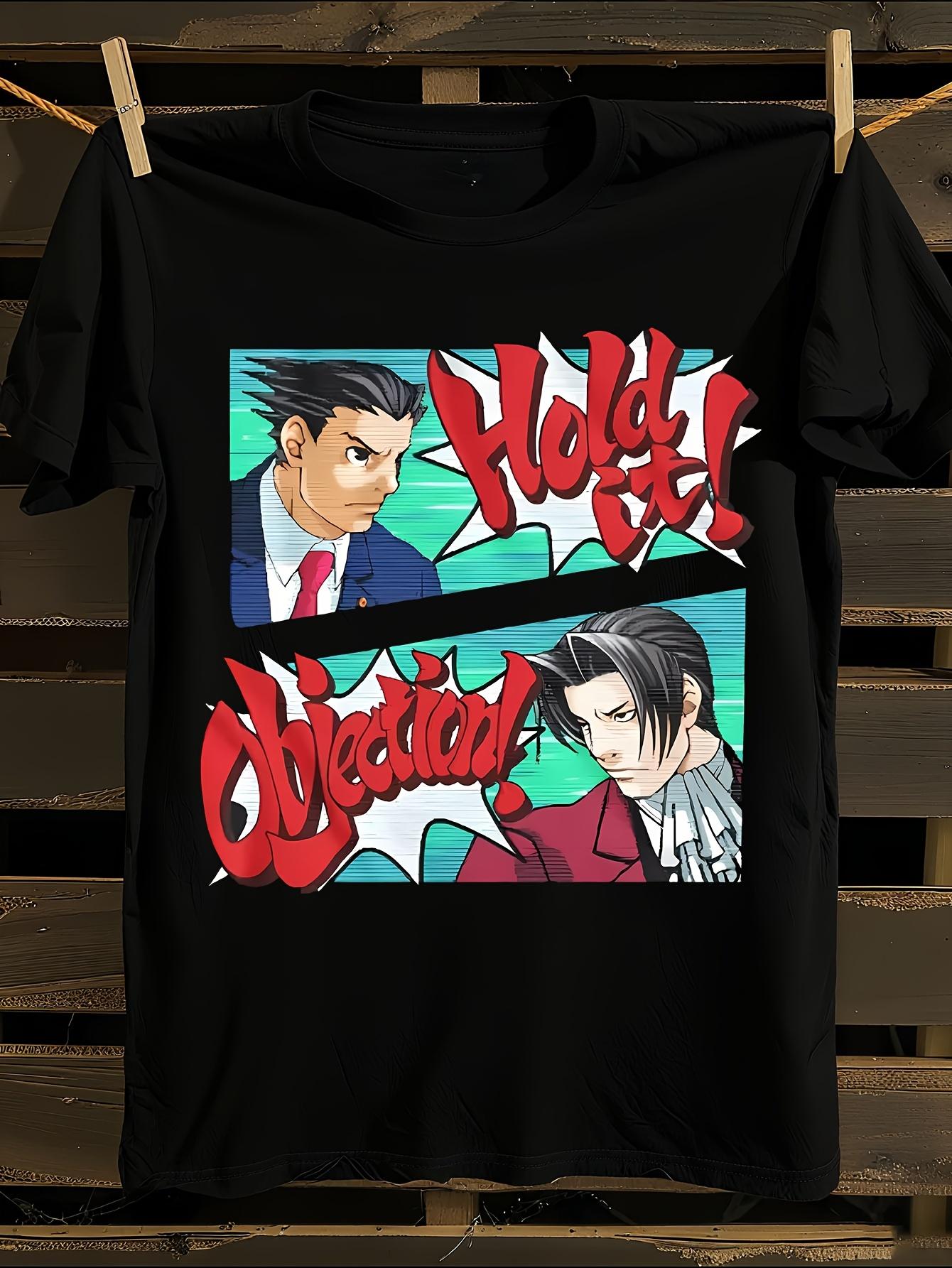 Ace Attorney Hold The Objection Anime Graphic T-Shirt Mens Tshirt Womens Tshirts with Letters Print Short Sleeves T-Shirt Casual Street Tee Shirt Top S