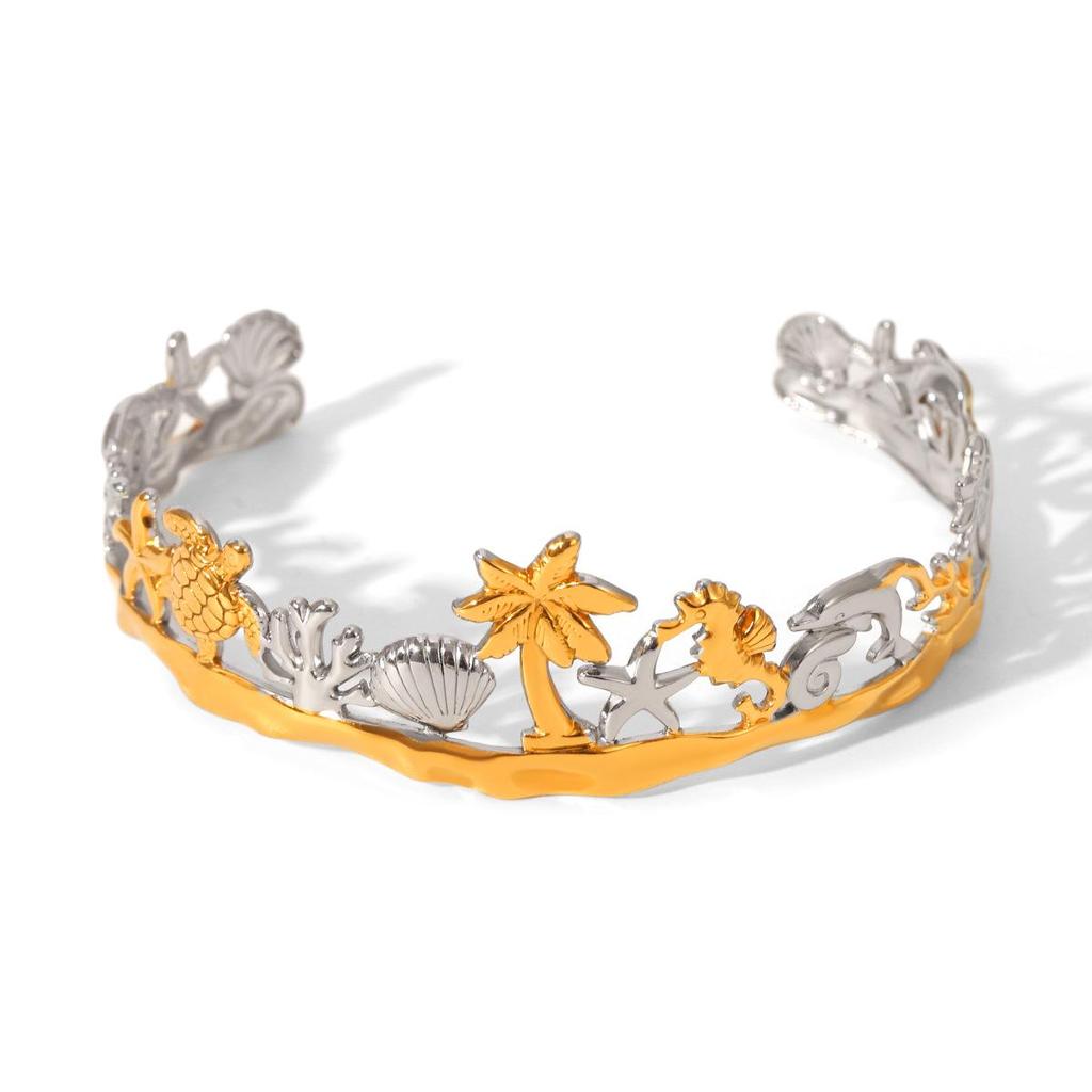 Hawaiian Stainless Steel Bracelet: Starfish, Turtle, Dolphin & Coconut Tree Charm Jewelry for Women