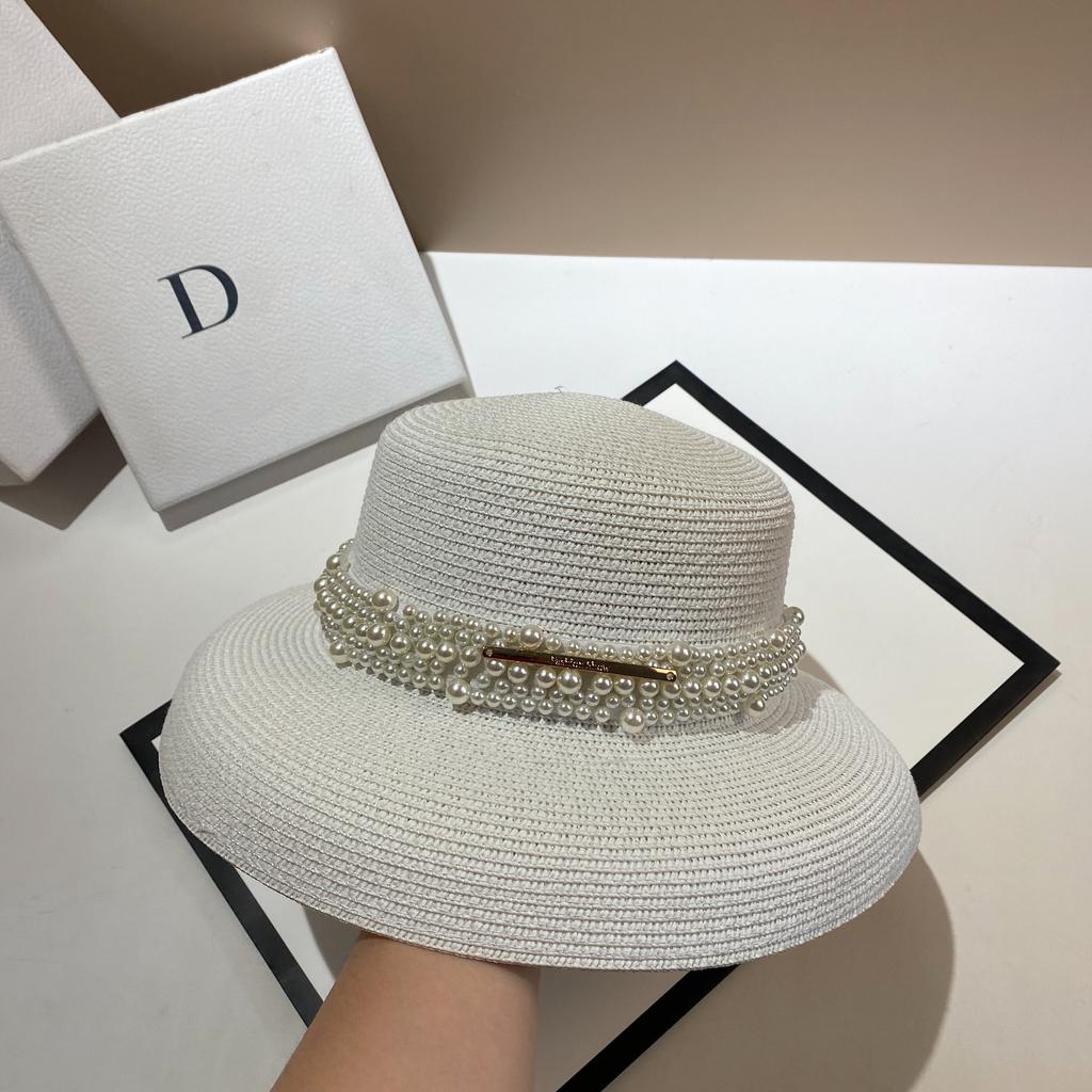 French Hepburn Style Lampshade Straw Hat Summer Small Fragrant Wind Pearl Light Luxury Sun Hat Concave Shape Big Brand Sense Straw Hat