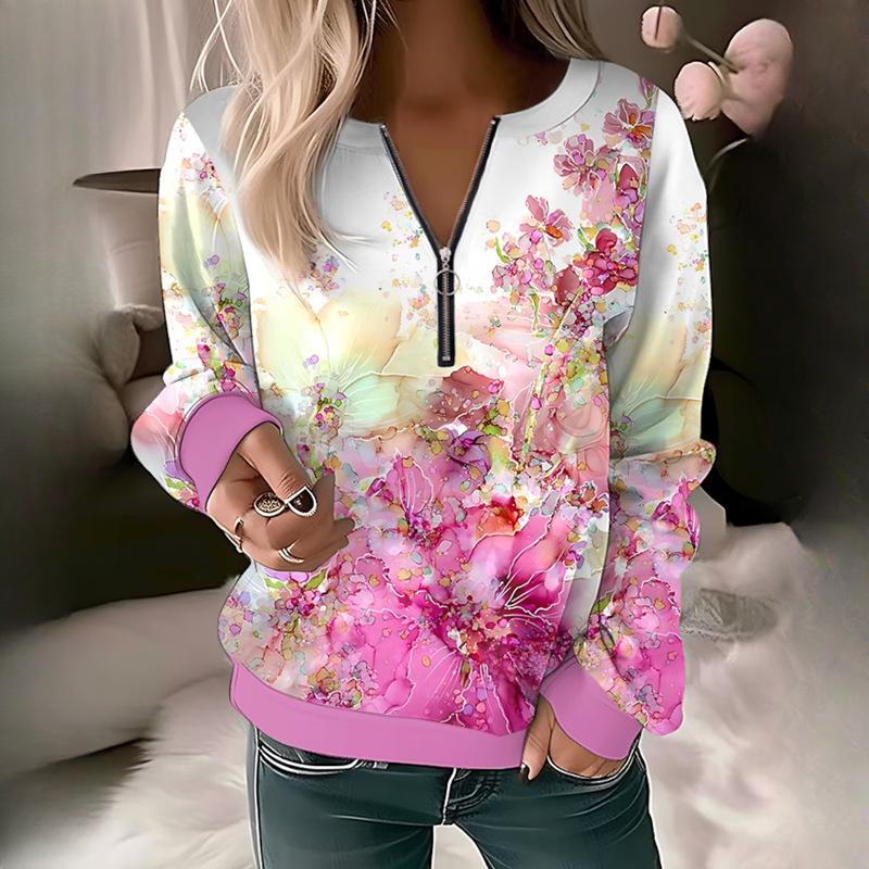 Women's Autumn/Winter Printed V-Neck Zip Loose Knit Shirt