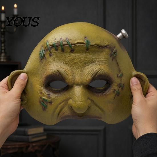 Realistic Halloween Horror Masque Cosplay for Adults Men Women, Creepy Comfortable Long Wear Green Half Face Party Detailed Distressed Leather Look