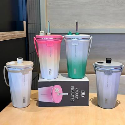 Vacuum Insulated Bottle 600ml Color Change Coffee Cup with Straw Thermos Mug Leak-Proof Thermos Travel Thermal Vacuum Flask Cup
