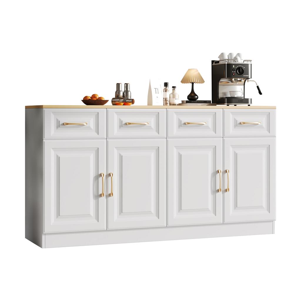 140 Cm Sideboard Buffet Cabinet, Coffee Bar Cabinet with 4 Drawers and 4 Barn Doors, Farmhouse Style, White Wood, for Kitchen, Dining, Living Room