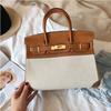 Geantă de mână elegantă pentru femei, cu capacitate mare, în culori contrastante, cu curea de umăr/curea crossbody, din piele PU și pânză, în culori multiple, pentru uz zilnic