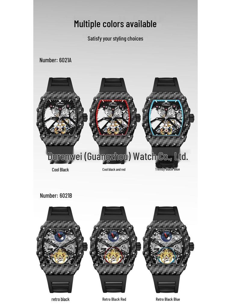 Durham Weida Men's Tonneau Skeleton Tourbillon Automatic Watch with Rubber Strap.