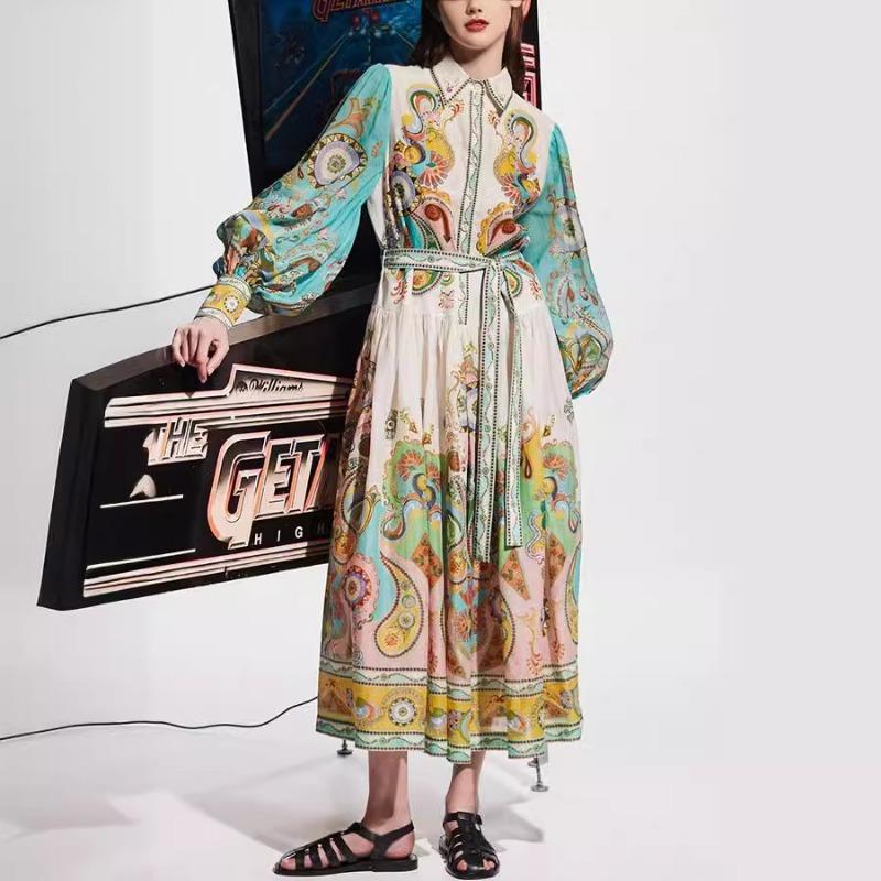 Stampa Moda Manica Lunga Manica a Palloncino Allacciato Vestito Vestito