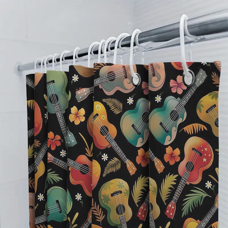 Hawaiian Shower Curtain Tropical Hibiscus Floral Ukulele Beach Theme Decor Waterproof Bathroom Fabric