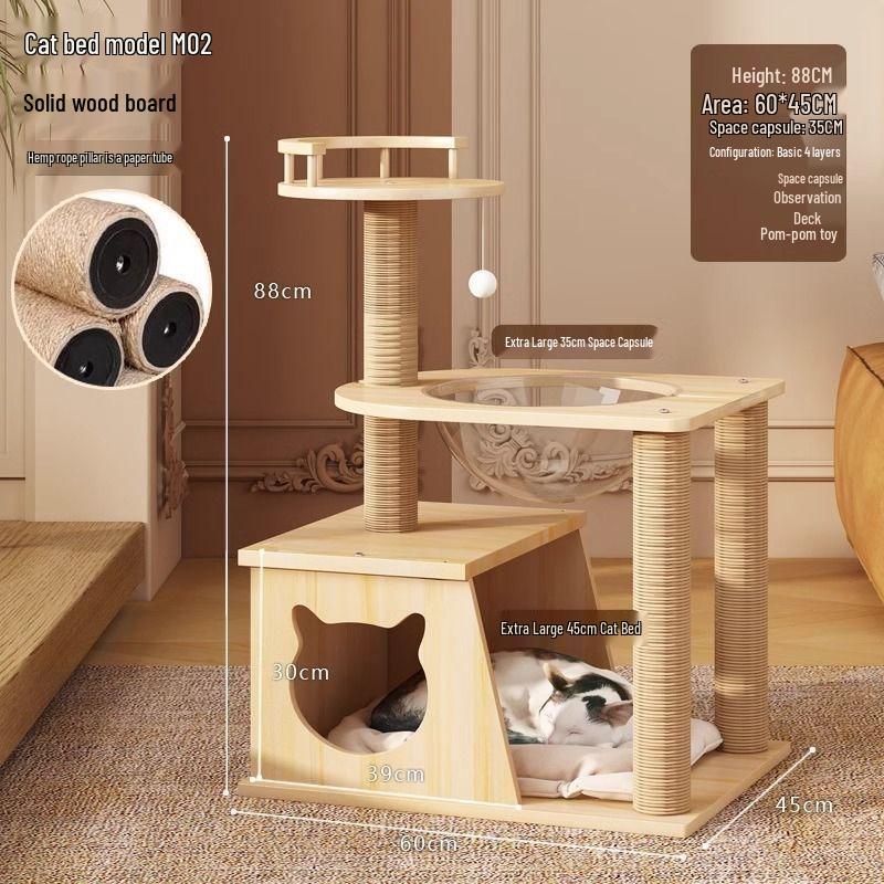 Large Solid Wood Cat Tree with Space Capsule, Plus Size Scratching Post & Board, Floor-to-Ceiling Multi-Season Toy, Wear-Resistant.