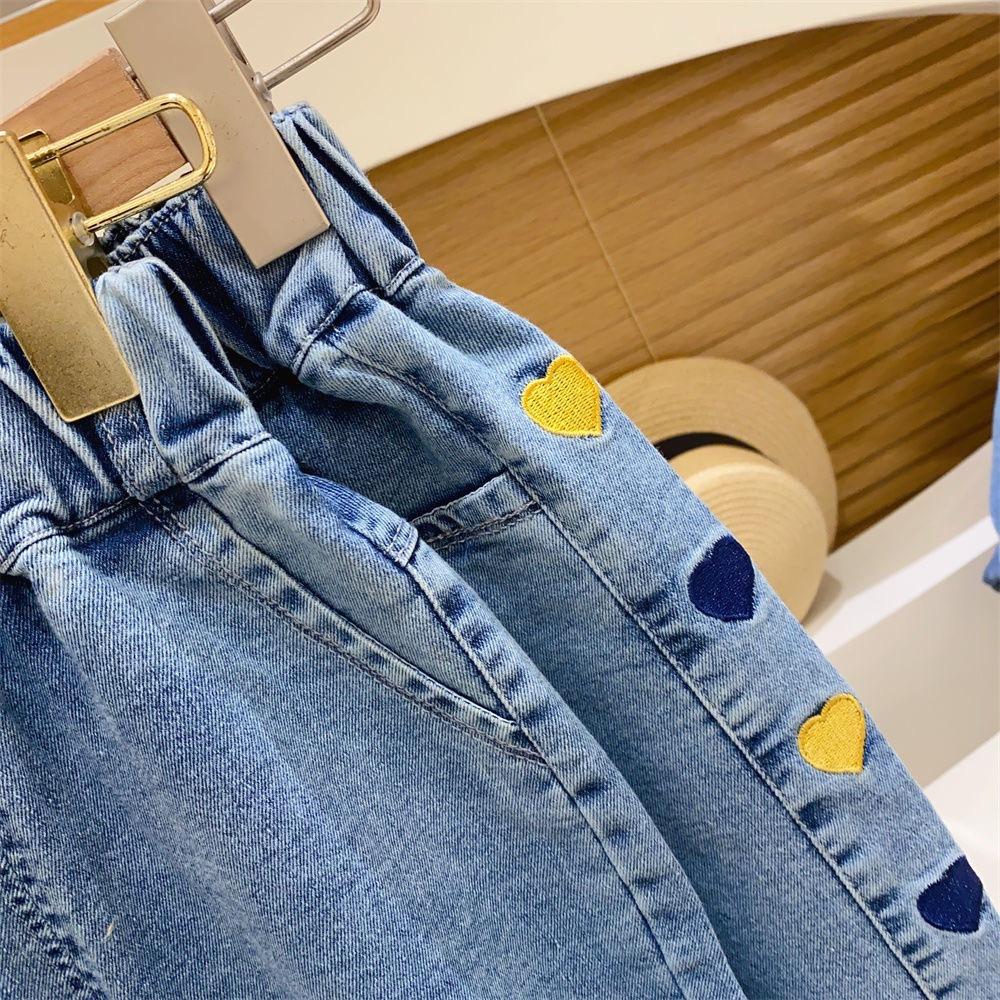 Spring and Autumn Girls Cartoon Embroidery Regular Straight Jeans, Small Feet, Children's Long Pants, Small and Medium-sized Children