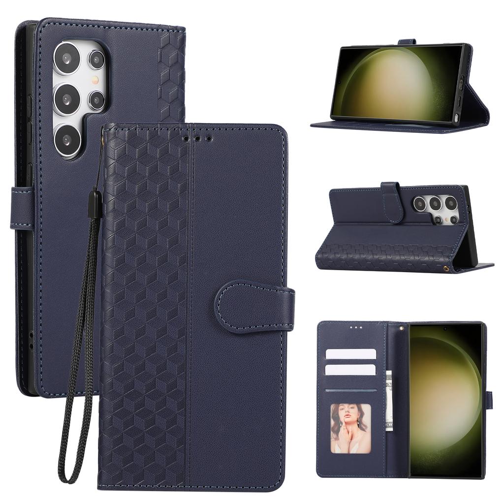 For Samsung Galaxy S25 Ultra Case 3D Rhombus Grid Imprinted Wallet Leather Phone Cover with Lanyard