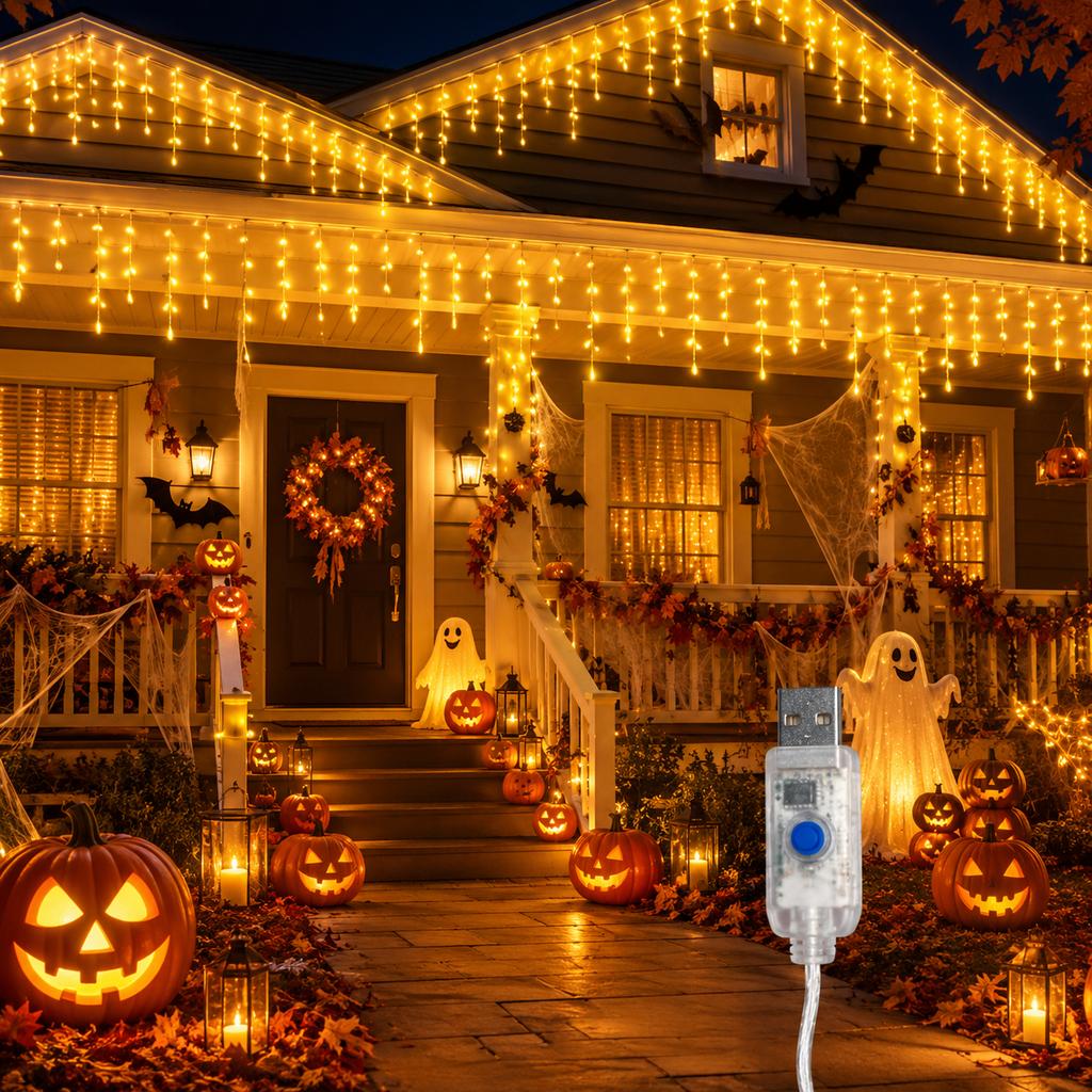 LED String Lights Halloween USB Icicle Lights Warm White 6M 100LED/10M 200LED 8 Modes for Window Eaves Porch Party Decor