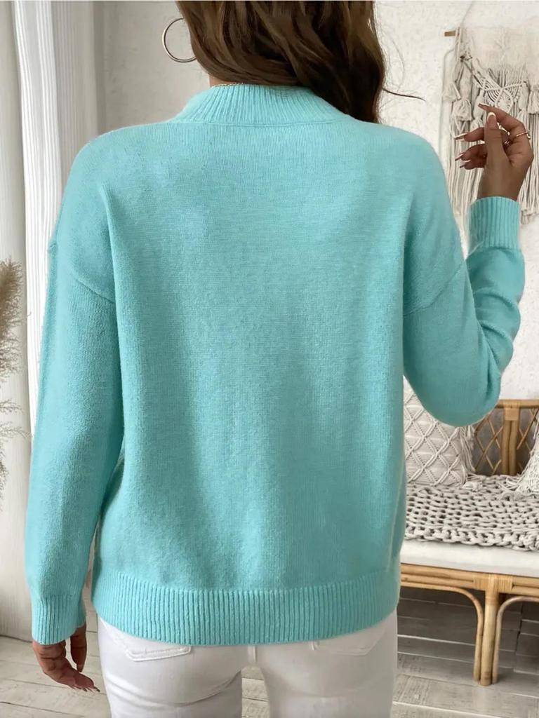 Women's Solid Color Loose Knit Pullover with Half-High Neck and Long Sleeves - Autumn/Winter Fashion Sweater.