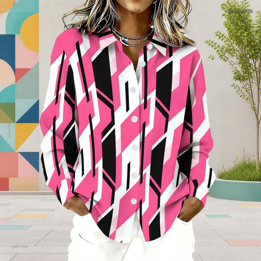 Women Plus Size Multicolor Geometric Printed Collared Long Sleeve Button Front Curved Hem Shirt