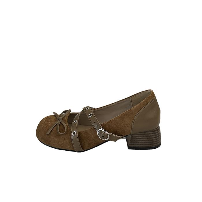 Bow Block Heel Single Shoes Fashion Round Toe Studded Slip Strap Low Top Shoes