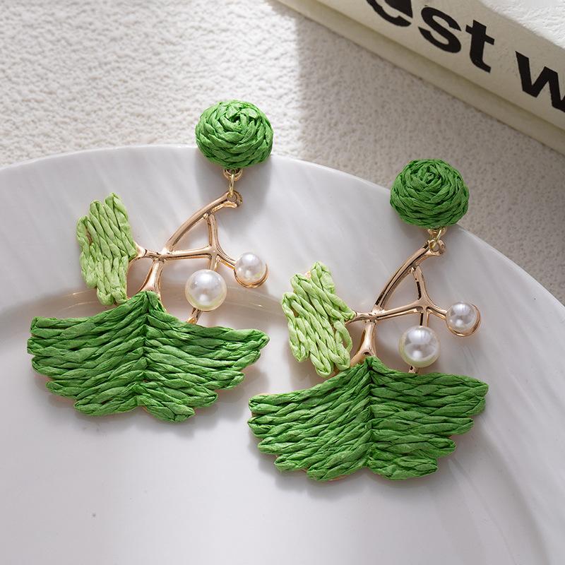 Dopamine Colored Leaves Hand-Woven Raffia Earrings Women'S Vacation Wind Sweet Temperament Unique Earrings Earrings