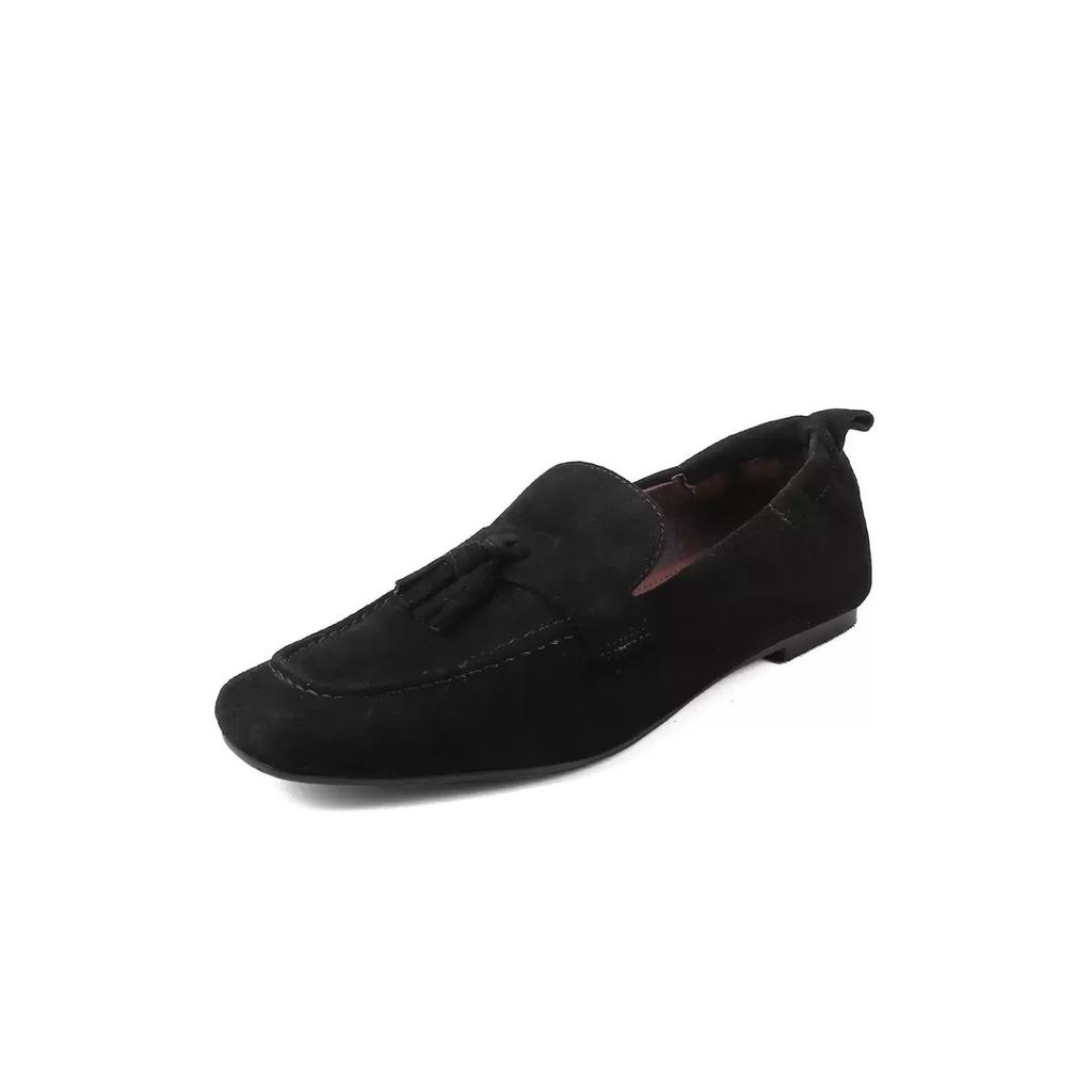 Sheepskin version~ genuine leather retro square head fringed one-pedal loafers women's commuting versatile flat-soled small leather shoes single shoes