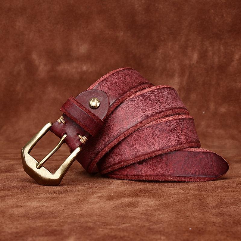 Rough and Domineering Thickened Top Layer Cowhide Belt for Men, Copper Buckle with Rough Edges and A Vintage Washed Leather Base
