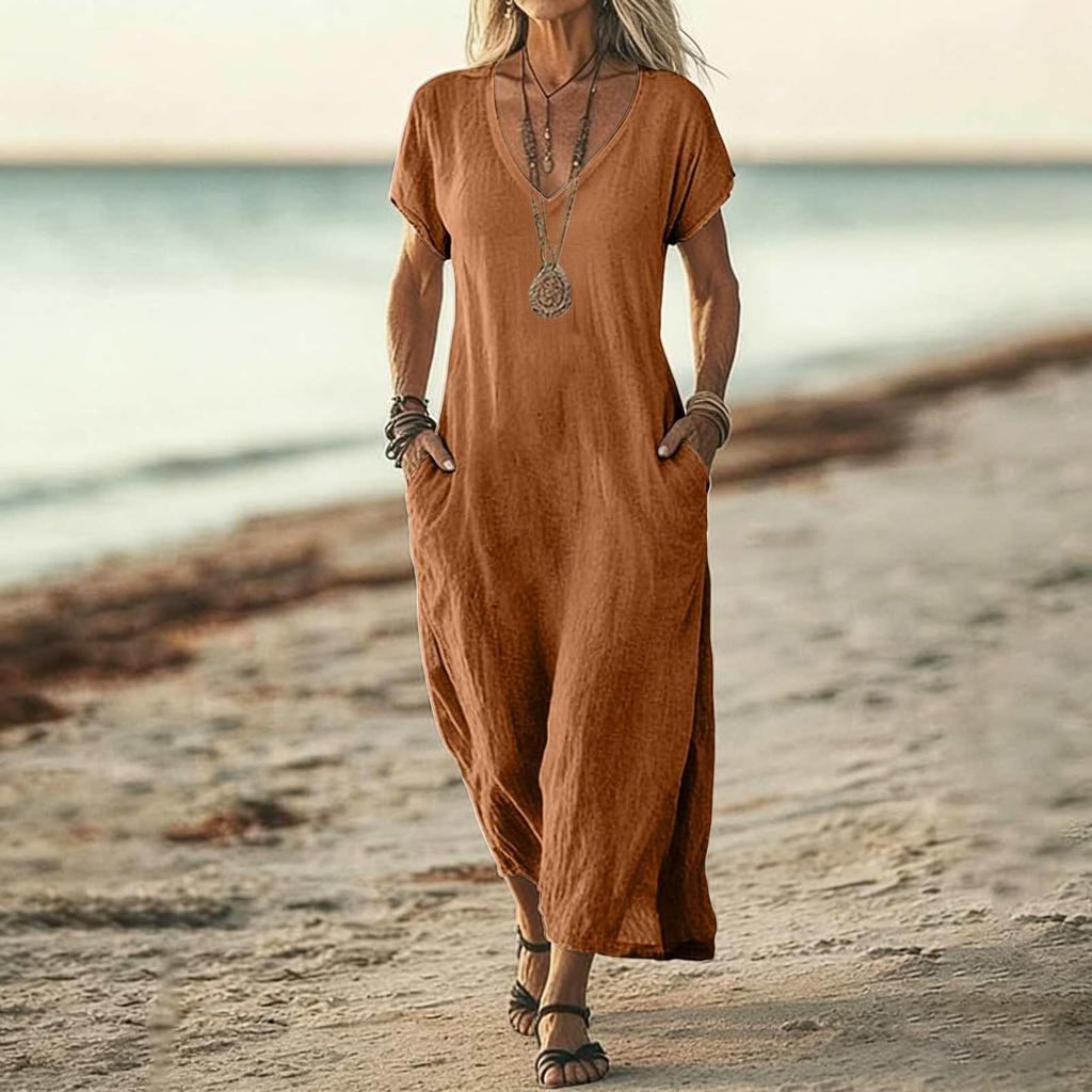 Casual V Neck Midi Sundresses for Women Loose Fit Dresses for Women Comfortable Summer Dresses Boho Dresses for Women 2026