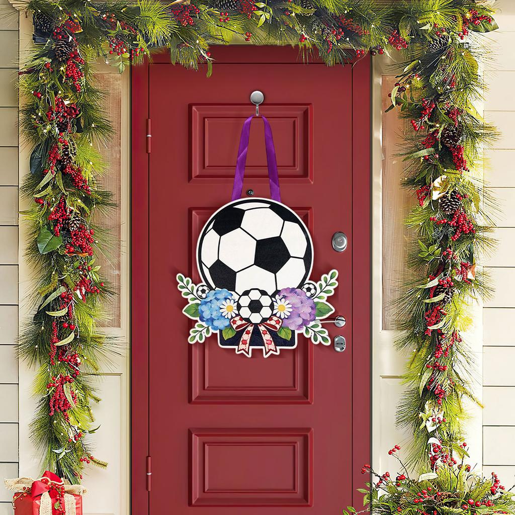 Soccer Ball Themed Decorative Hanging Sign with Floral Accents and Ribbon for Party Celebration Indoor Outdoor Use