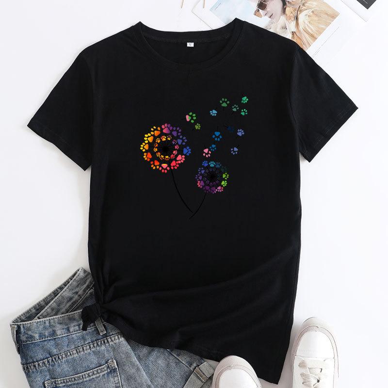 Summer Round Neck Colorful Dandelion Pattern Printed Top Fashionable Casual Short Sleeved Women's Pure Cotton T-shirts