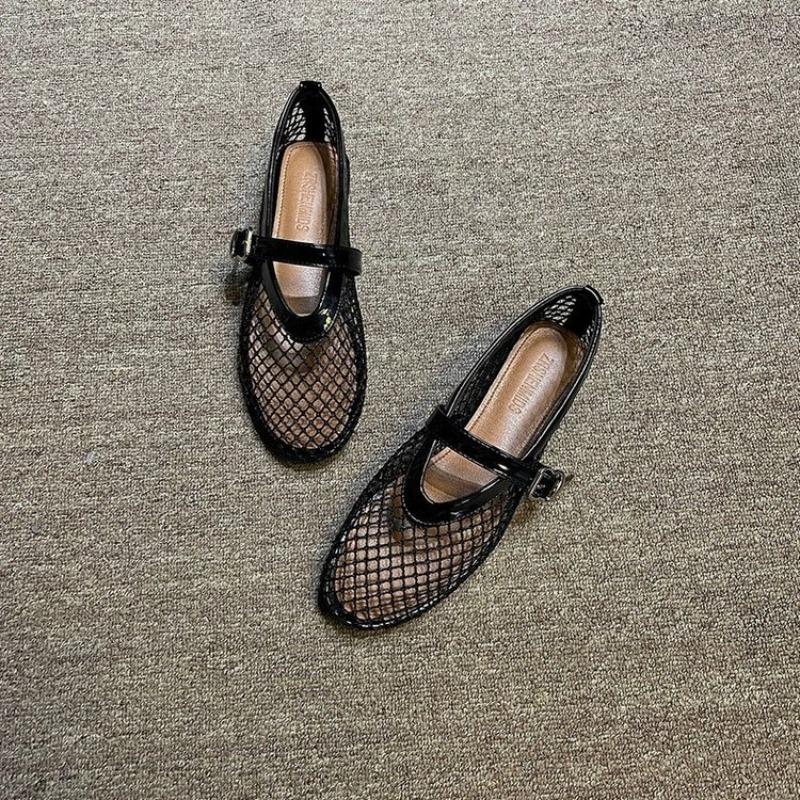 New Round Headed Mesh Hollowed Out Women's Shoes with One Button Mary Jane Ballet Flat Shoes Fishing Net Shoes