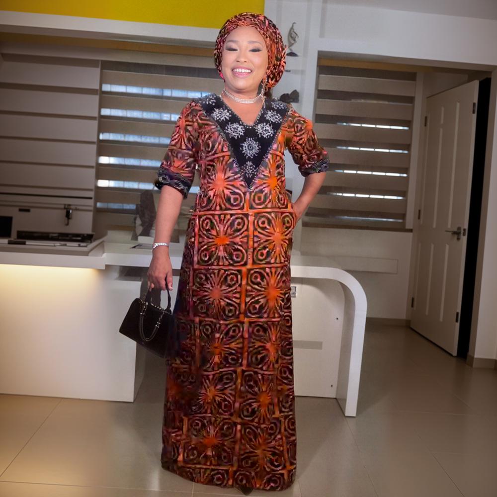 Rochie nouă africană de damă plus size, largă, cu decolteu în V și imprimeu