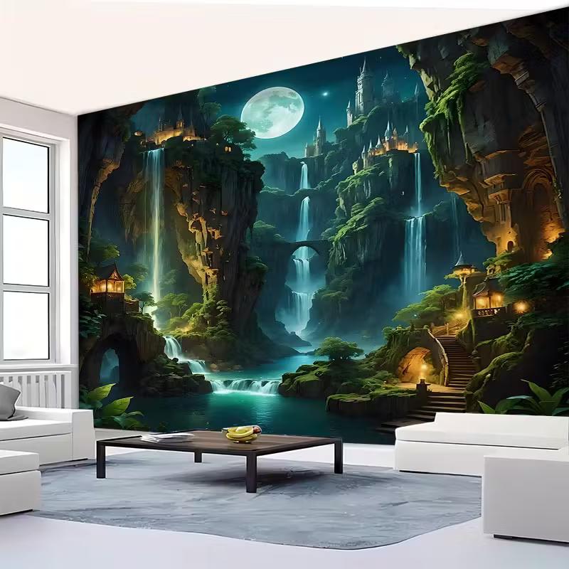 2D Fantasy Moon Waterfall Wall Tapestry Fairy Tale Castle Background Cloth for Home