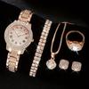 6Pcs Elegant Roman Dial Quartz Wristwatch Luxury Alloy Rhinestone Set Fashion Necklace Earrings Bracelet Jewelry Gift For Ladies