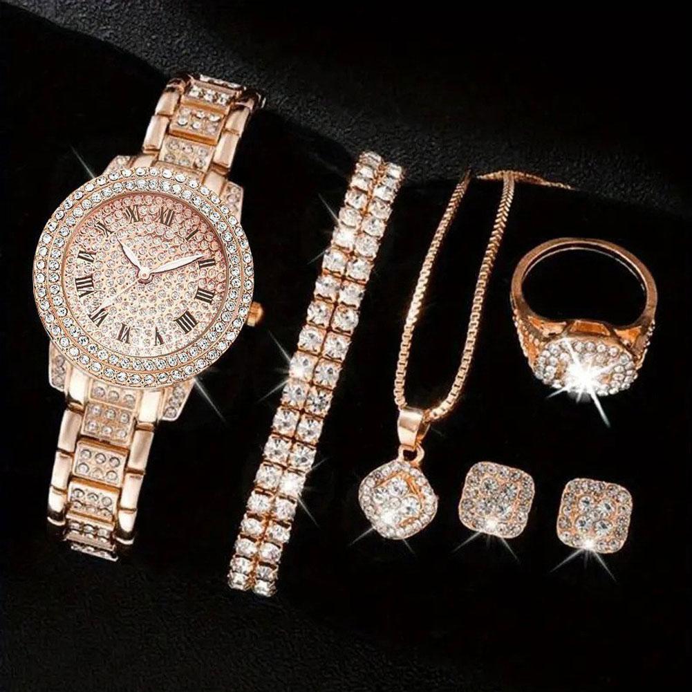 6Pcs Elegant Roman Dial Quartz Wristwatch Luxury Alloy Rhinestone Set Fashion Necklace Earrings Bracelet Jewelry Gift For Ladies