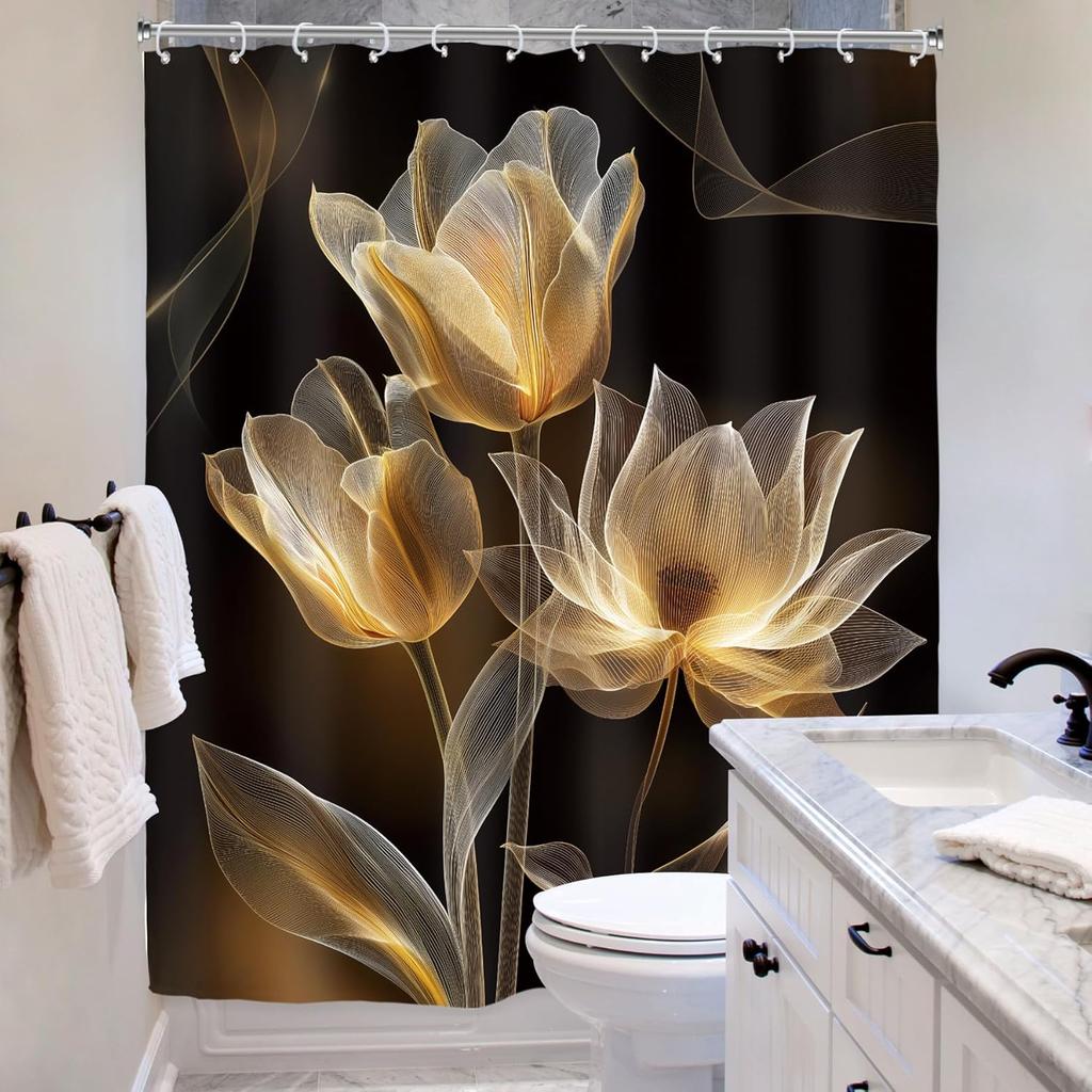 Black Gold Floral Shower Curtain, Vintage Botanical Blossom Print, Waterproof Polyester Bathroom Decor