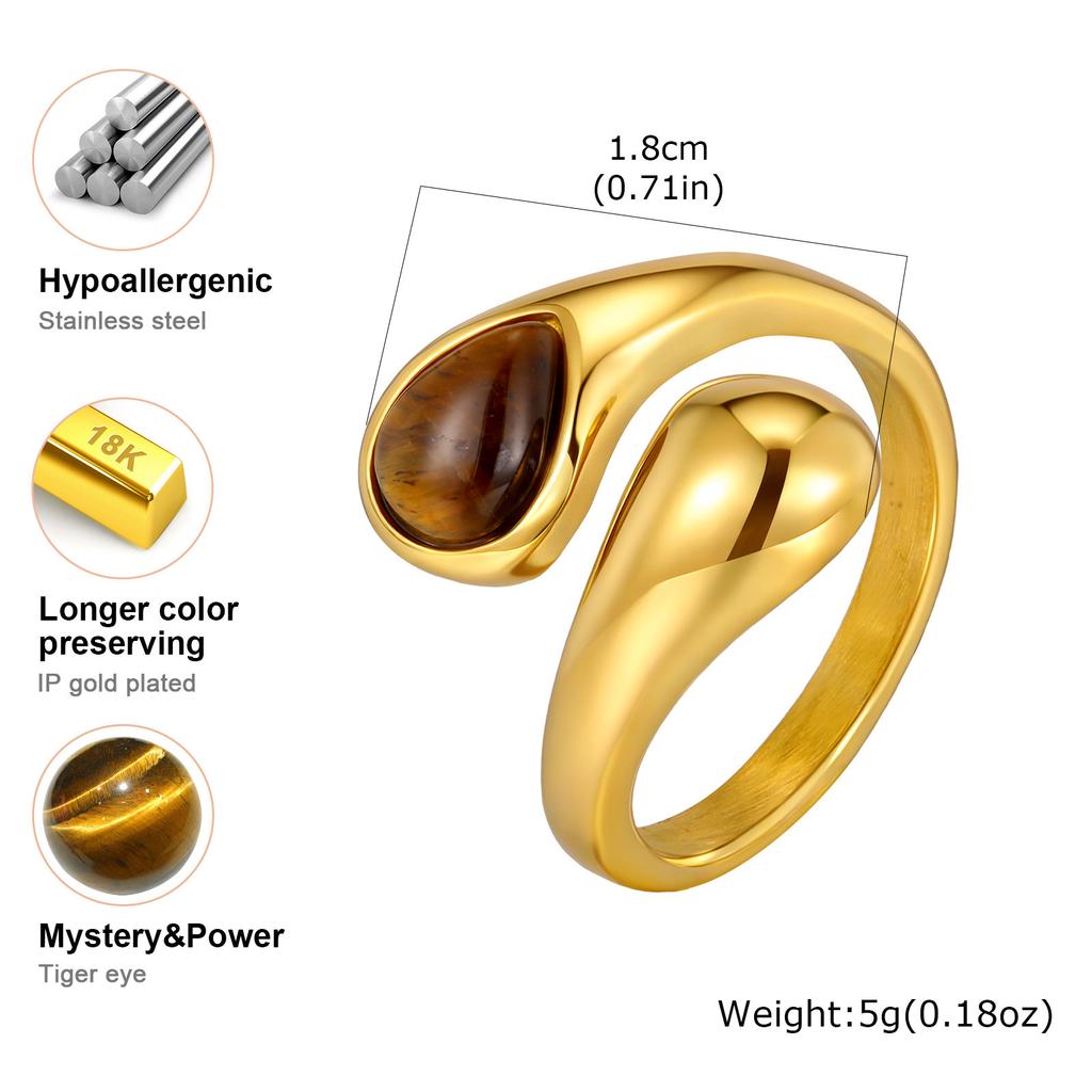 18K Gold Plated Brown Tiger Eye Natural Stone Water Drop Statement Open Ring,Vintage Boho Jewelry for Women